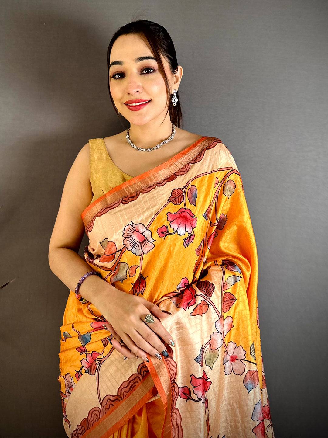 Artistic Kalamkari Art Print Saree